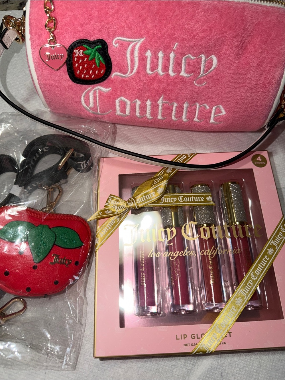 NWT Juicy Couture Barrel Bag Strawberry Coin Pouch & Lip glosses set